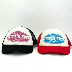 Lot of Two (2) Dutch Bros Employee Snapback Trucker Hat Mesh VTG Retro Red/Black